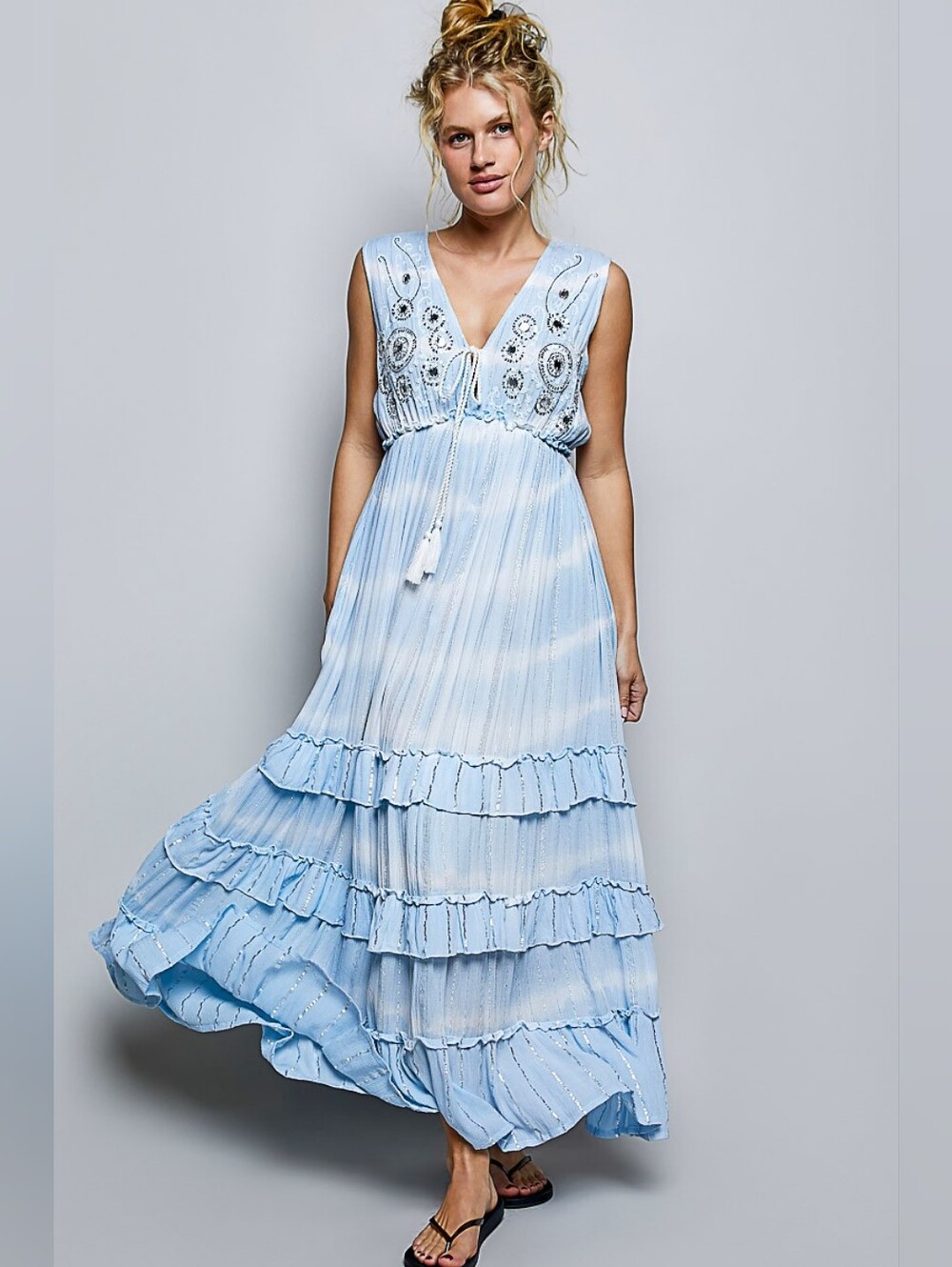 New POL Bohemian Sleeveless Sequin Tassel Ruffled Maxi Dress Sky Blue Size S/M/L